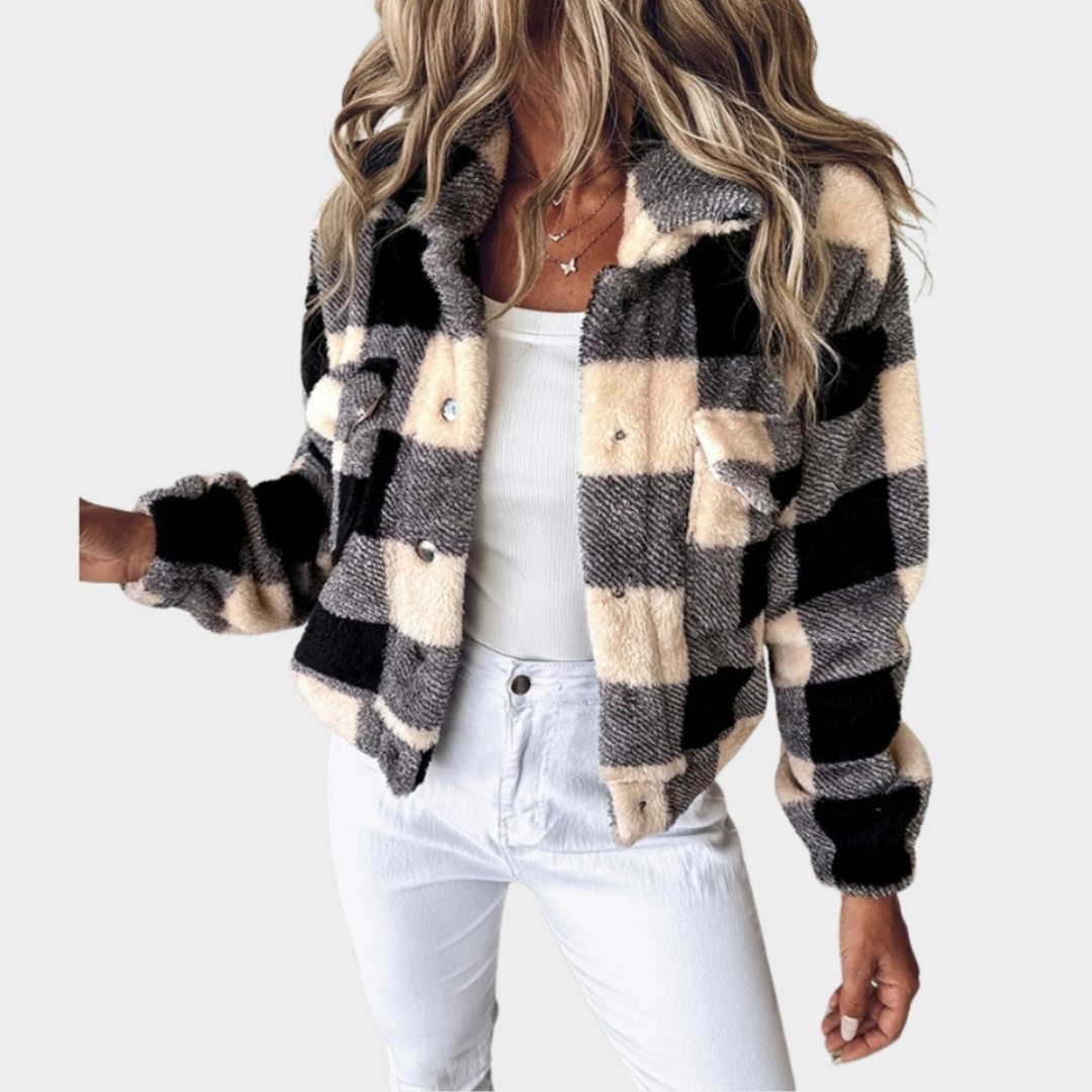 Casual Colorblock Teddy Fleece Jacket for Women – Turn-Down Collar, Black/white/grey