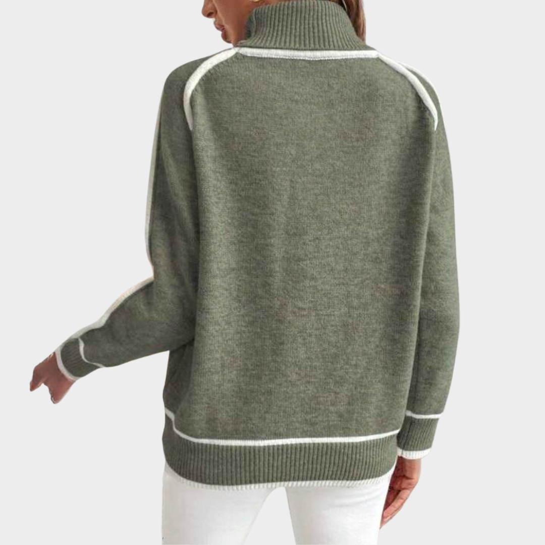 Women’s Turtleneck Patchwork Sweater – Elegant Long Sleeve Pullover – Loose Fit – Soft Knit Fabric – Green