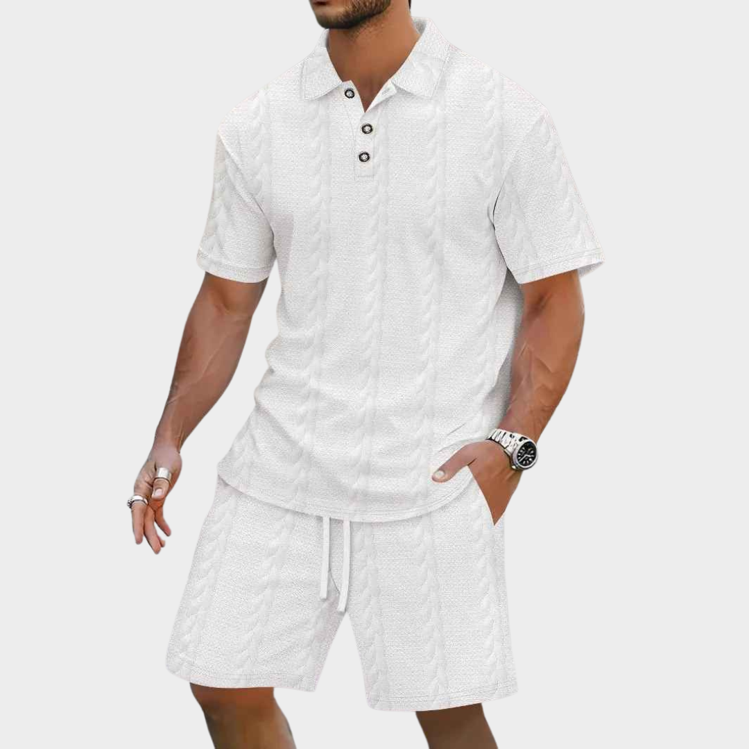 Men's Co-Ord Set – Jacquard Solid Colour Lapel Short Sleeve Shirt with Drawstring Shorts – Casual Beach Style – Multiple Colours