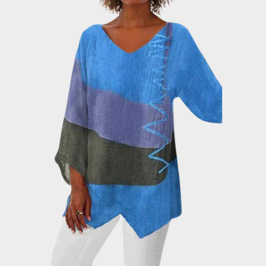 Women's V-Neck Blouse – Long Sleeve – Irregular Print – Cotton Linen – Loose Fit – Multiple Colours