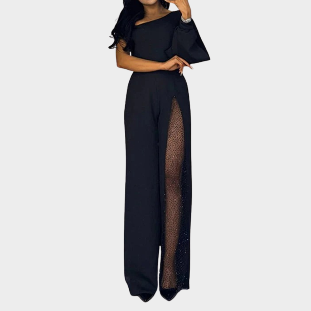 Women Jumpsuit – One Shoulder Sequin Romper with Skew Collar – High Waist Slim Fit – Thigh High Slit and Sheer Detailing – Elegant Party Evening Wear – Multiple Colours