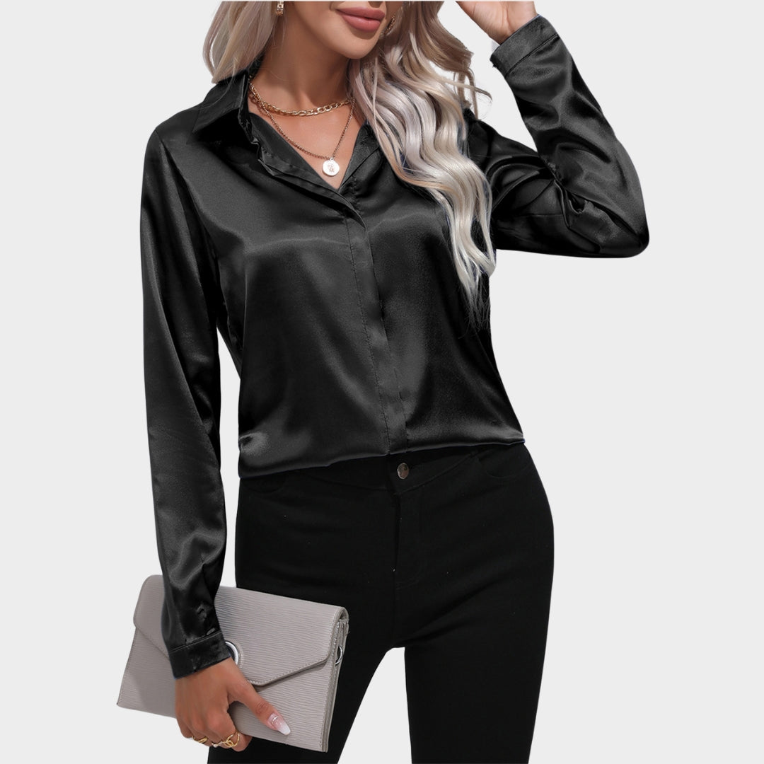 Women's Satin Shirt - Long Sleeve Turn-Down Collar Blouse - Elegant Office Wear - Multiple Colours