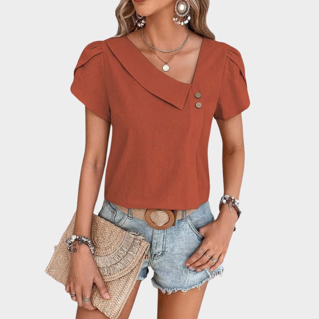 Women’s Slim Fit Casual Blouse – Solid Colour Shirt – Vintage Inspired Elegant Top – Lightweight Soft Fabric – Short Sleeve Style – Multiple Colours