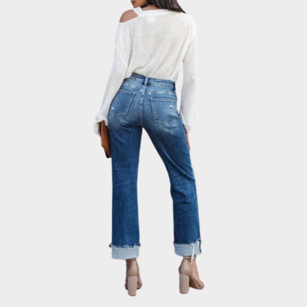 Women's High Waist Straight Leg Jeans – Loose Fit – Distressed Denim – Blue