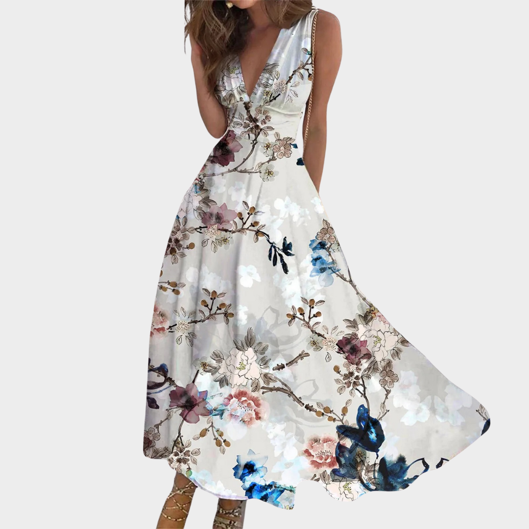 Women’s Floral Print V-Neck Long Dress – Sleeveless A-Line Maxi Style – Lightweight Casual Streetwear – Multiple Colours