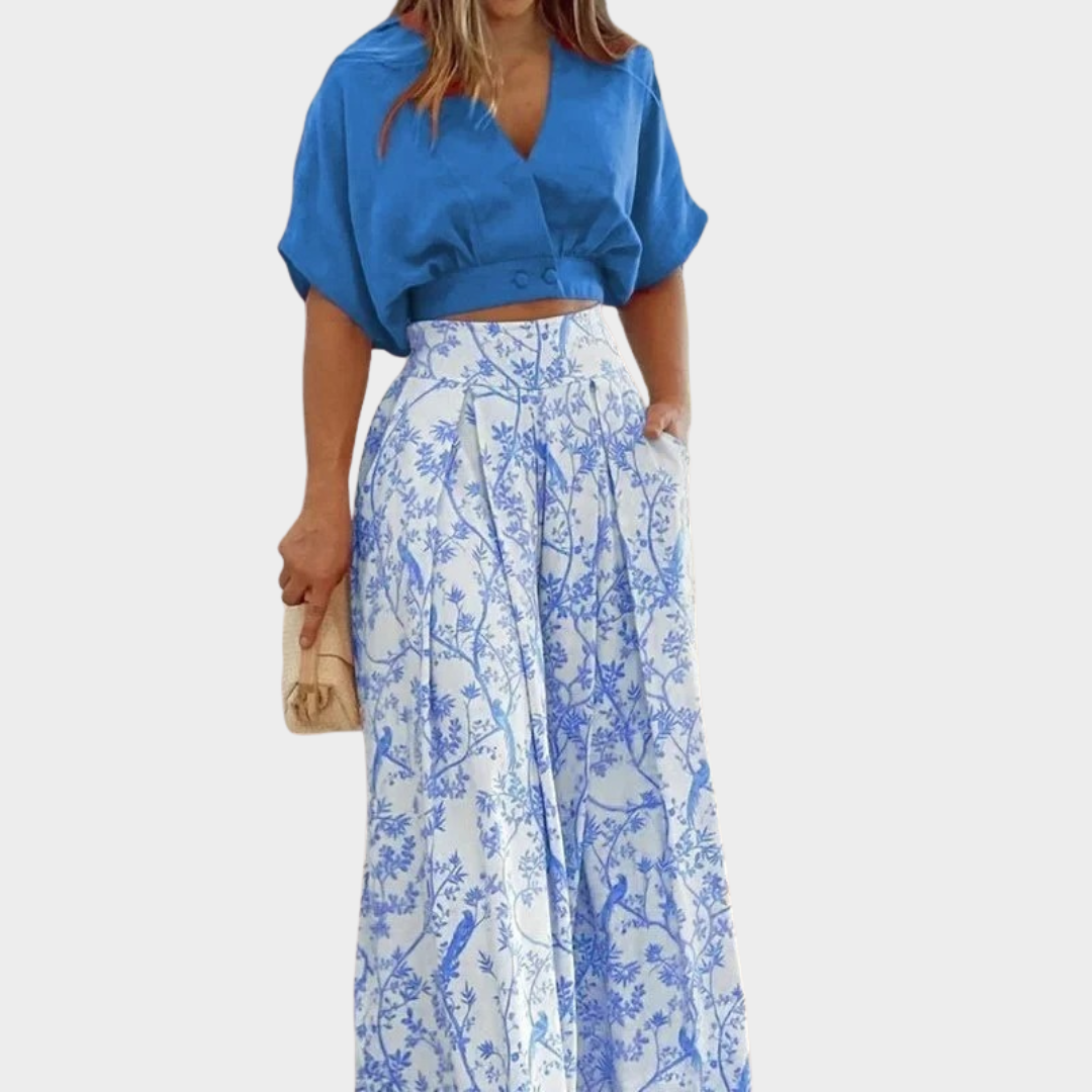 Women Two Piece Set – V-Neck Short Top and Wide Leg Trousers – Loose Fit – Printed Polyester – Multiple Colours