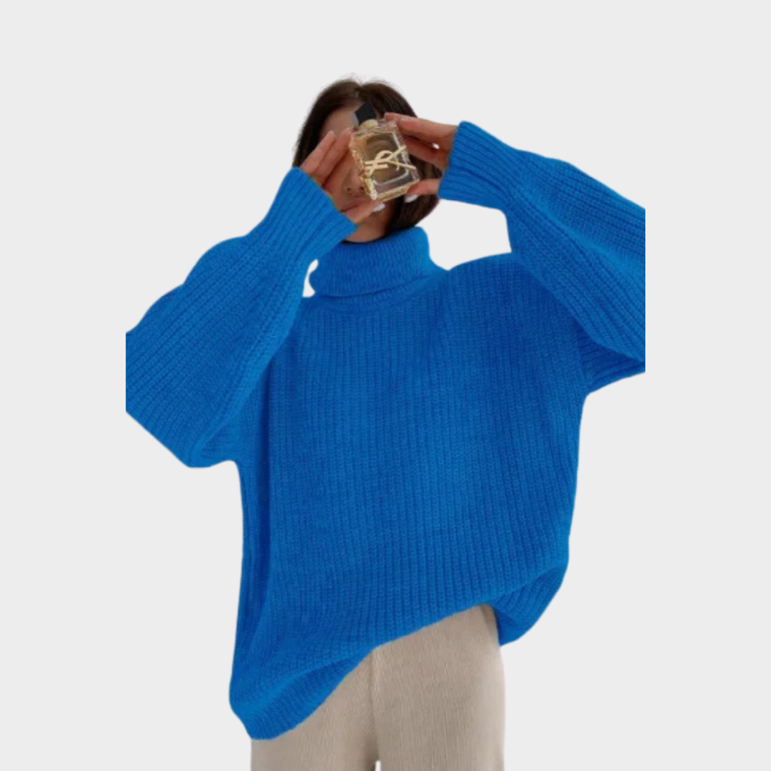 Women's Thick Knitted Cotton Turtleneck Sweater – Relaxed Fit, Warm Fall & Winter Style in Blue, Orange, and More