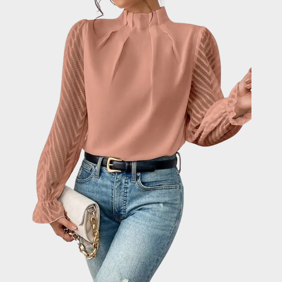 Women’s Relaxed Fit Blouse – High Neck with Sheer Sleeves – Soft Breathable Blend – Elegant Casual Style – Multiple Colours