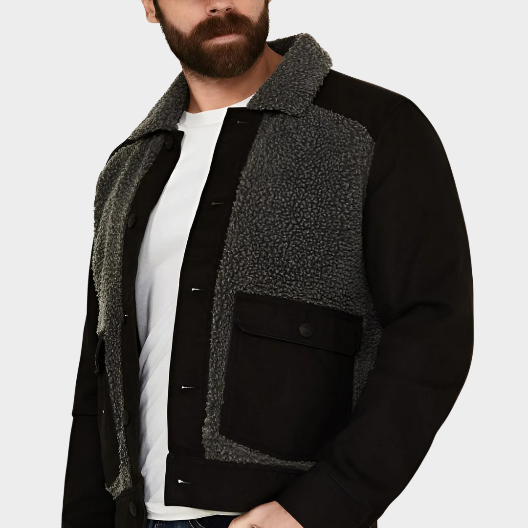 Men’s Patchwork Wool Blend Jacket – Regular Fit Waist-Length Outerwear with Sherpa Collar – Multiple Colours