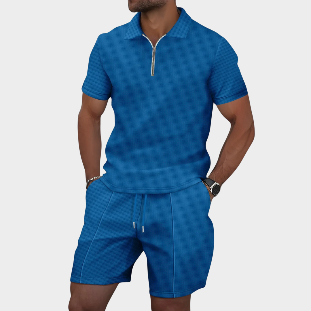 Men’s Waffle Knit Polo & Shorts Set – Short Sleeve Lapel Casual Two-Piece – Lightweight Breathable Fabric – Multiple Colours