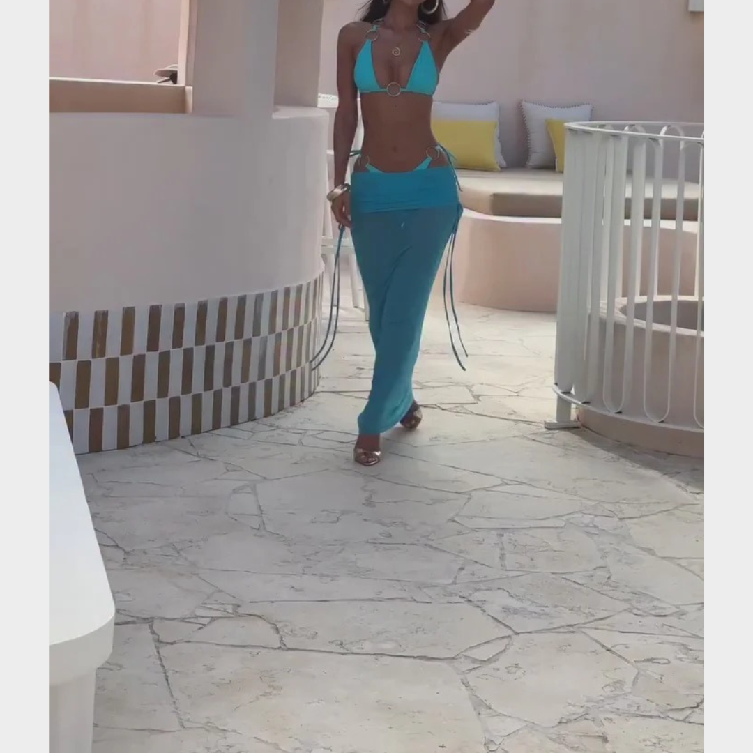 Women Mesh Maxi Skirt Set – Solid Colour Beach Outfit with Strap Detail and Metal Ring Accents – Stretch Fit – Multiple Colours