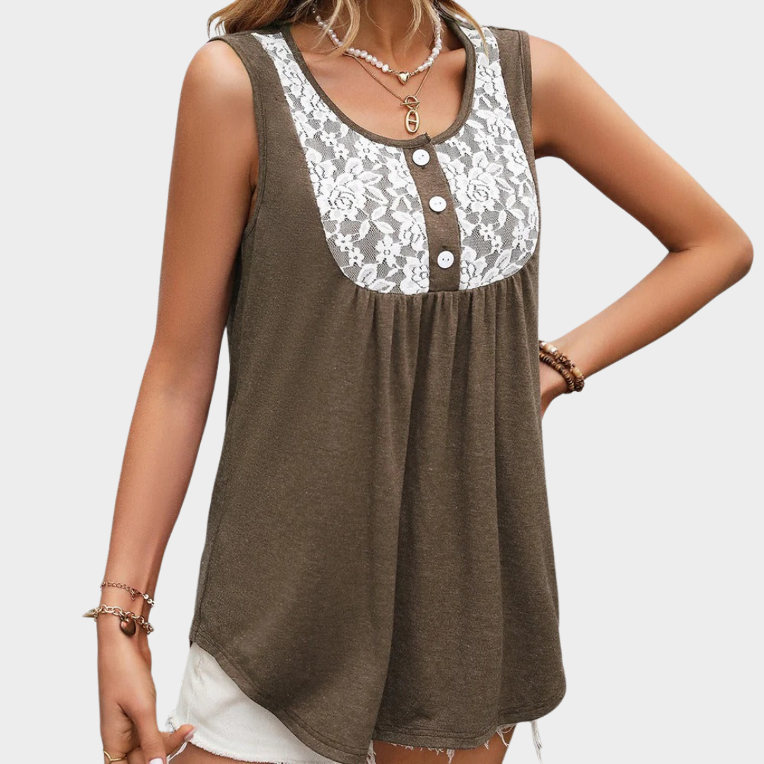 Women's Loose Sleeveless Tank Top – Lace Detail with Buttoned Front Casual Tunic Blouse – Multiple Colours