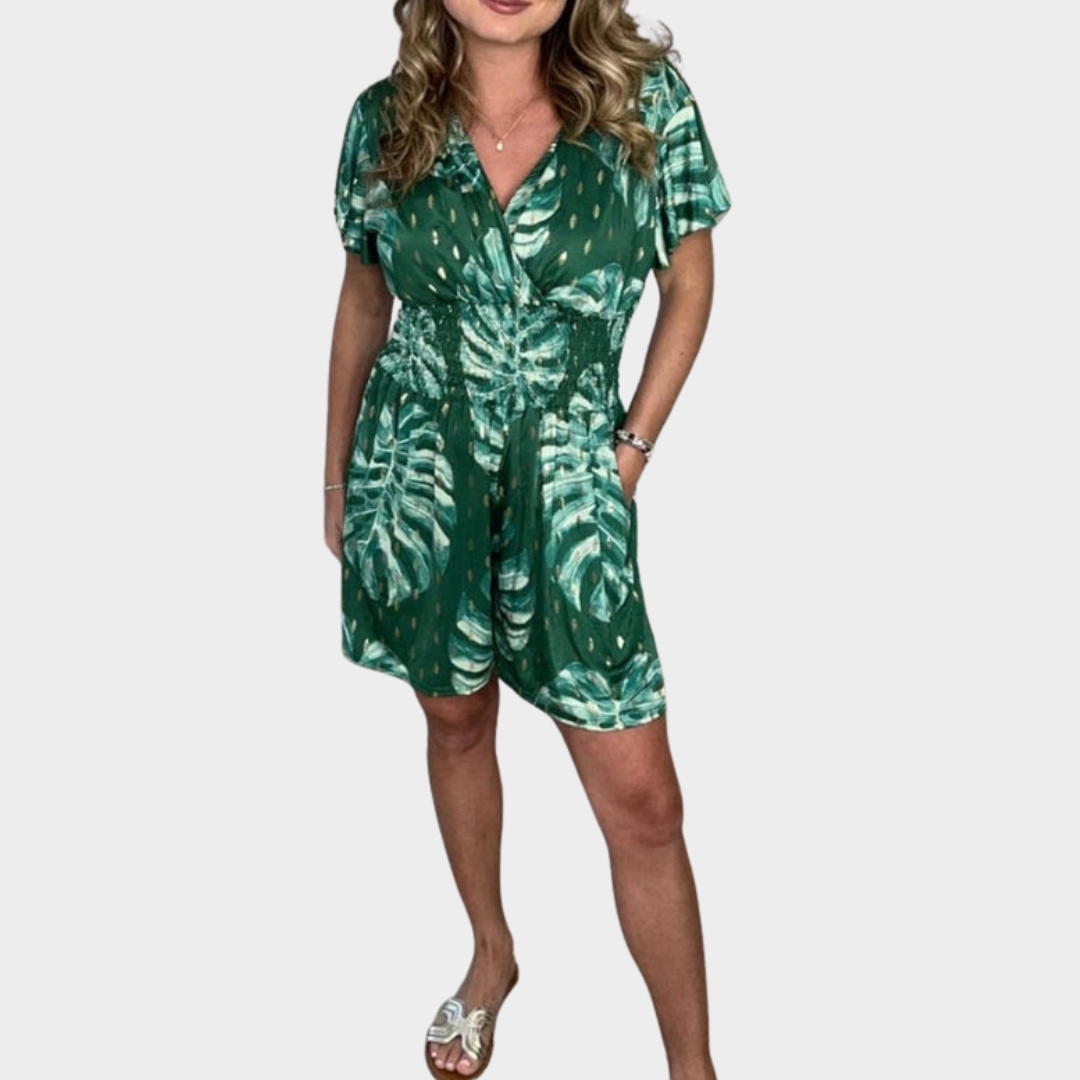Women's Casual Jumpsuit – V-Neck Short Sleeve High Waist Fit – Leaf Pattern – Multiple Colours