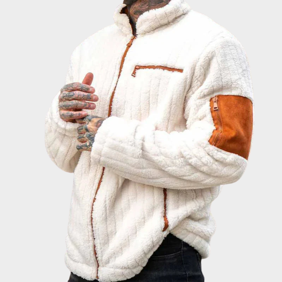 Men’s Patchwork Wool Jacket – Stand Collar – Zip-Up – Warm Fleece Outerwear – Comfortable & Stylish