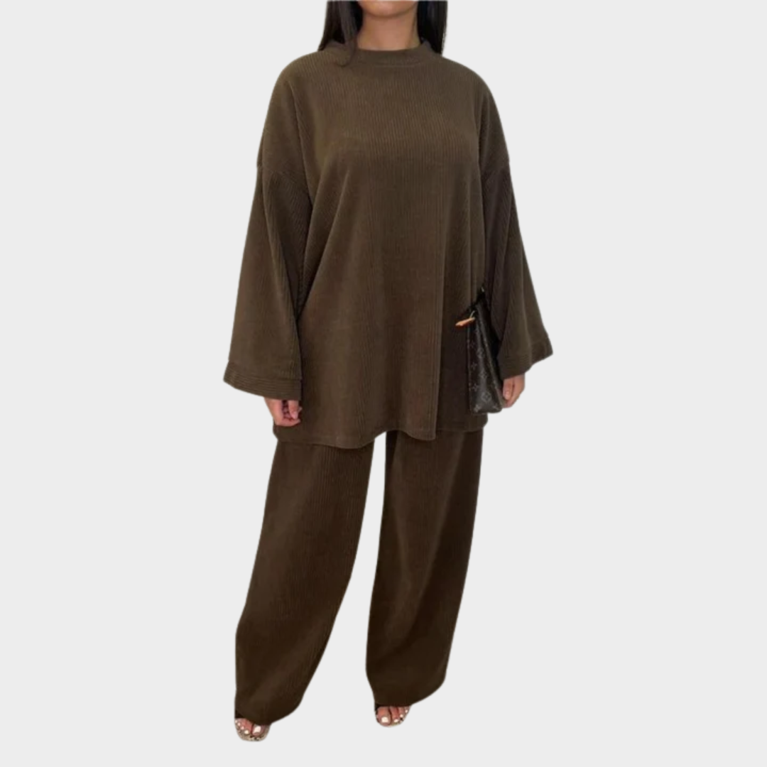 Women Two Piece Knitted Outfit – Casual Pullover Top and Loose Fit Trousers – Round Neck Soft Knit Material – Multiple Colours