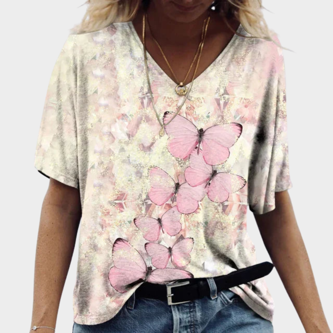 Women’s V-Neck Short Sleeve T-Shirt – Casual Butterfly Print Top – Relaxed Fit Everyday Style – Multiple Colours
