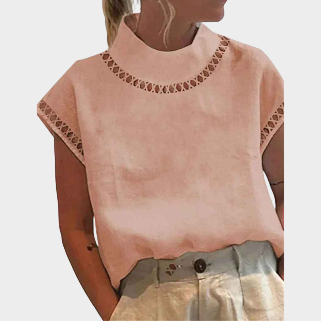Women Short Sleeve Blouse – Turtleneck Pullover with Hollow Out Detail – Multiple Colours