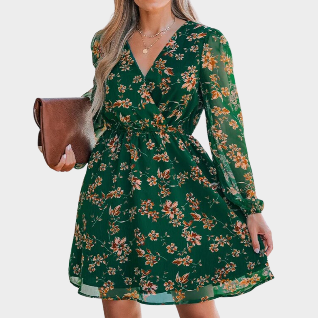 Women’s Mini Dress – V-Neck Floral Chiffon – Long Sleeve Tunic Style – Lightweight Beach Cover Up – Multiple Colours