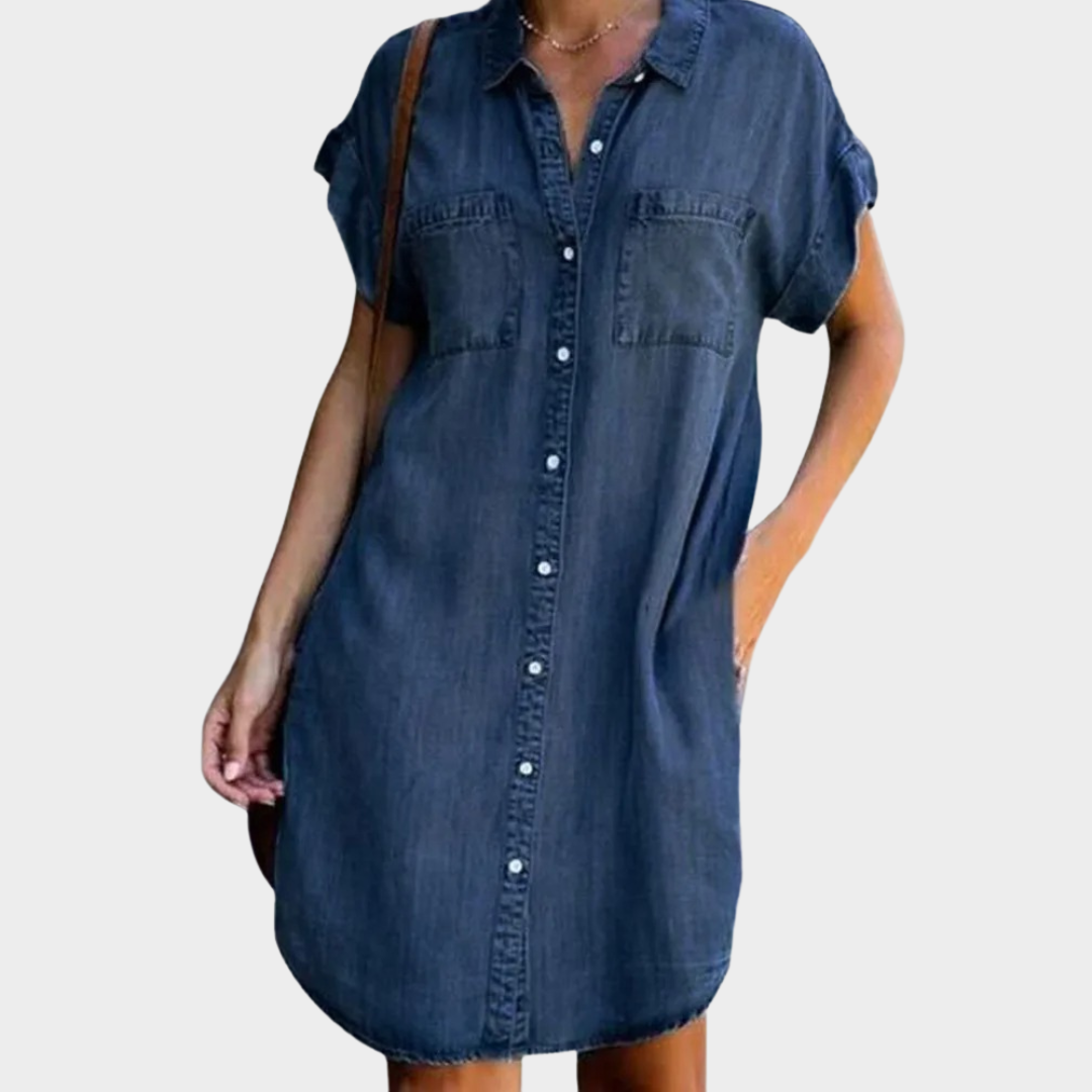 Women’s Casual Denim Shirt Dress – Relaxed Fit – Button-Up – Pocket Detail – Retro Office Style – Multiple Colours