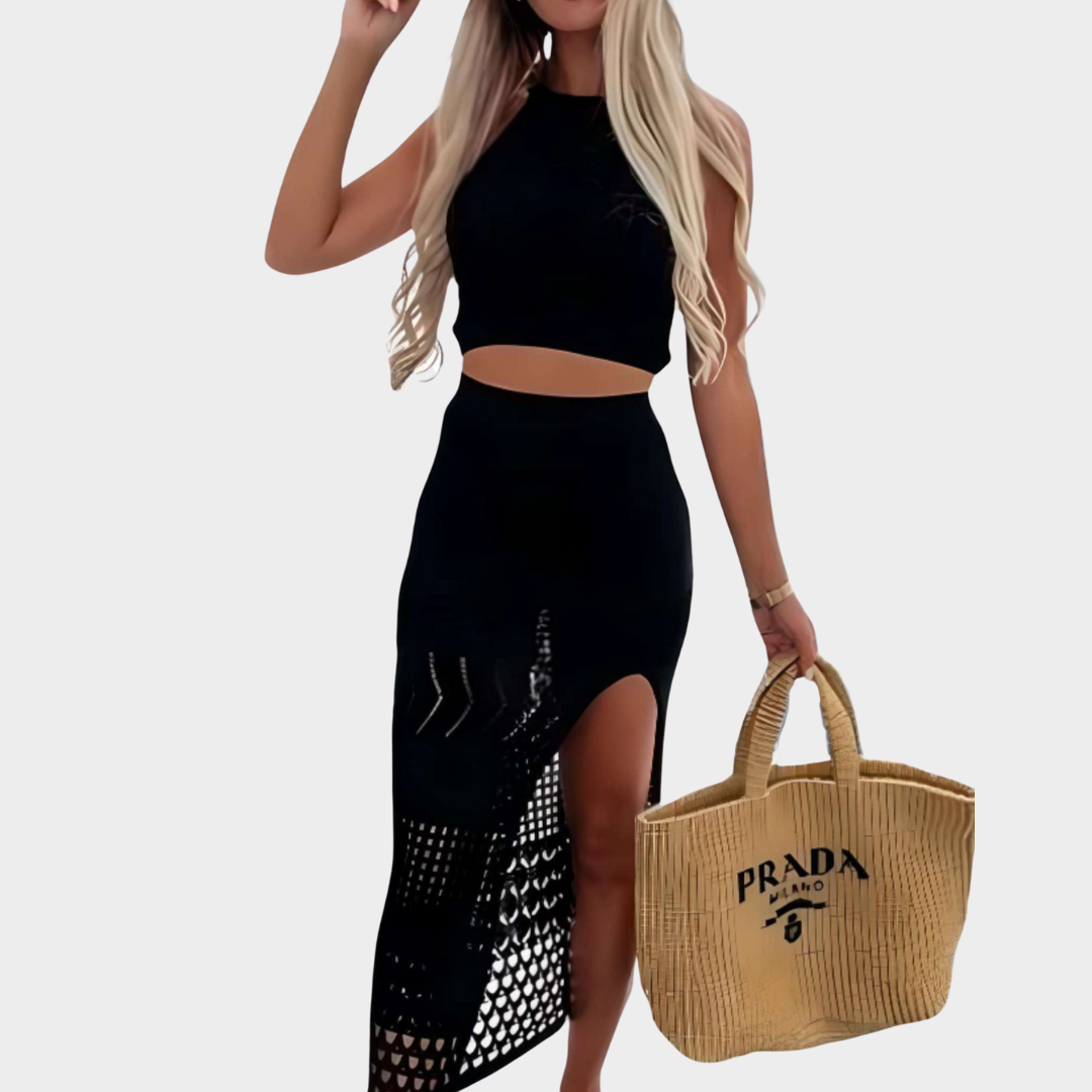 Women's Knitted Mesh Beachwear Cover-Up – Two-Piece Camisole & Long Skirt – See-Through Cut-Out Design – Multiple Colours