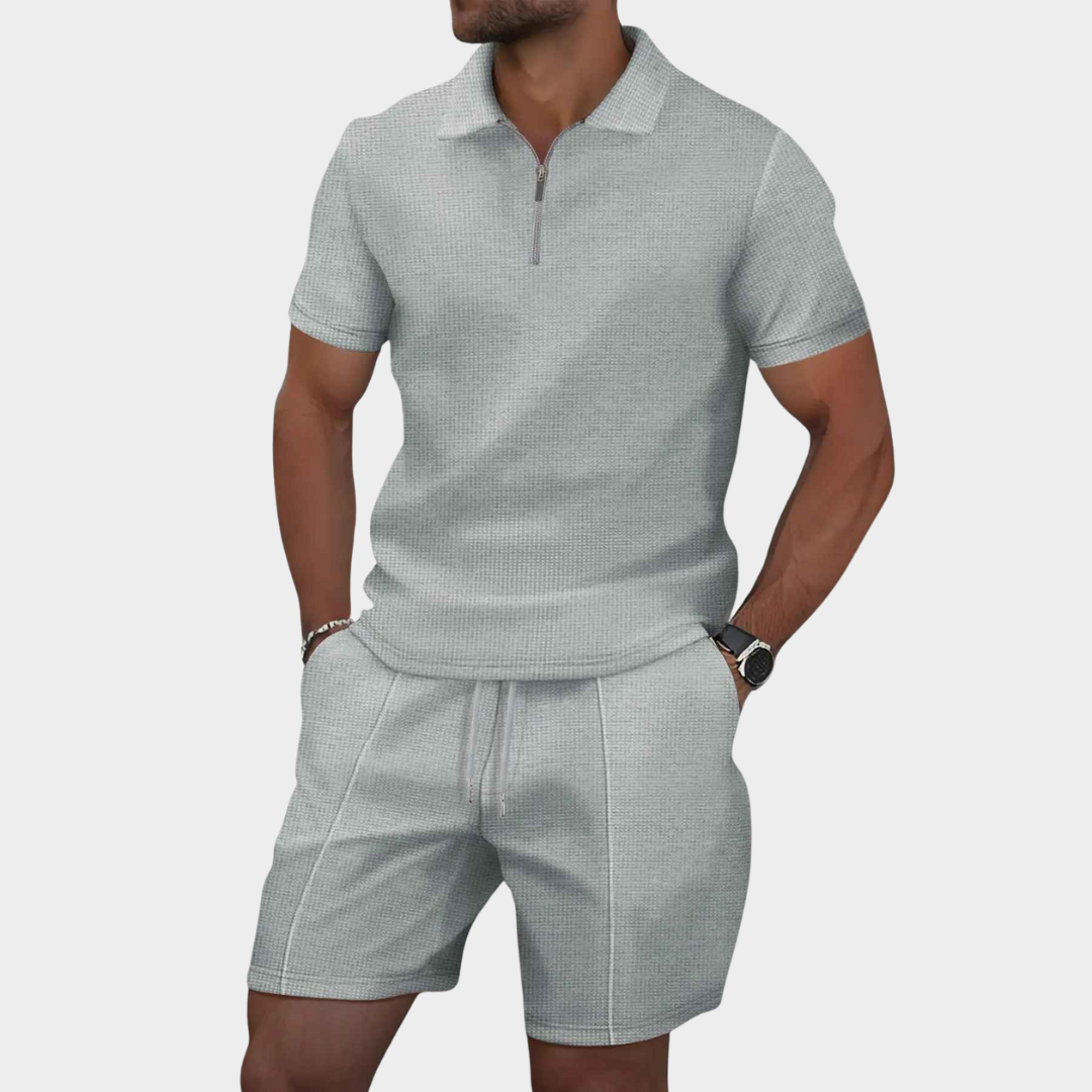 Men's Co-Ord Set – Slim Fit Waffle Zip-Up Lapel Short Sleeve Shirt with Matching Shorts – Multiple Colours