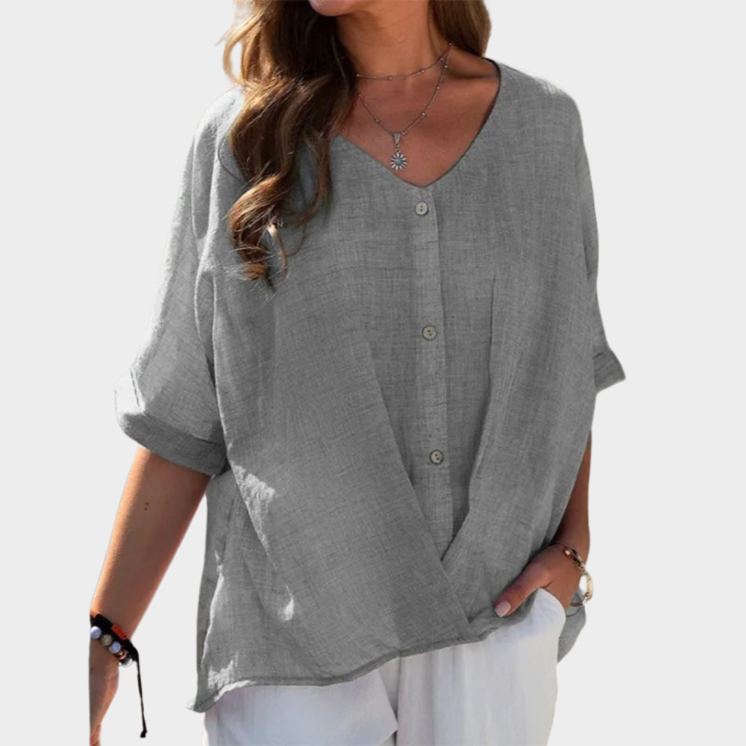 Women’s Blouse – Oversized Fit – V-Neck – Button Front – Half Sleeve – Multiple Colours
