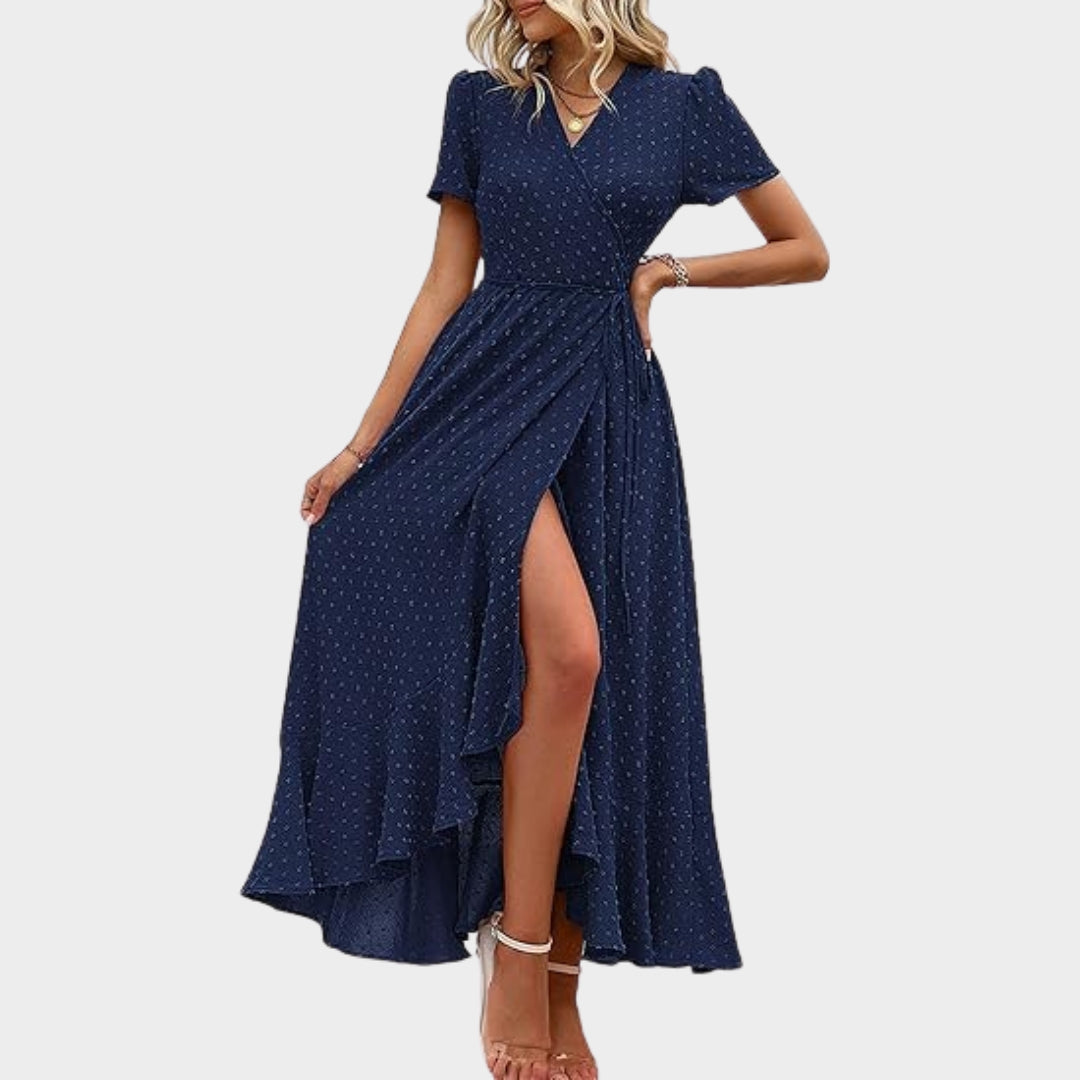 Women's Floral Wrap Maxi Dress - V-Neck - Short Sleeve - Ruffle Hem - Boho Beach Style - Multiple Colours