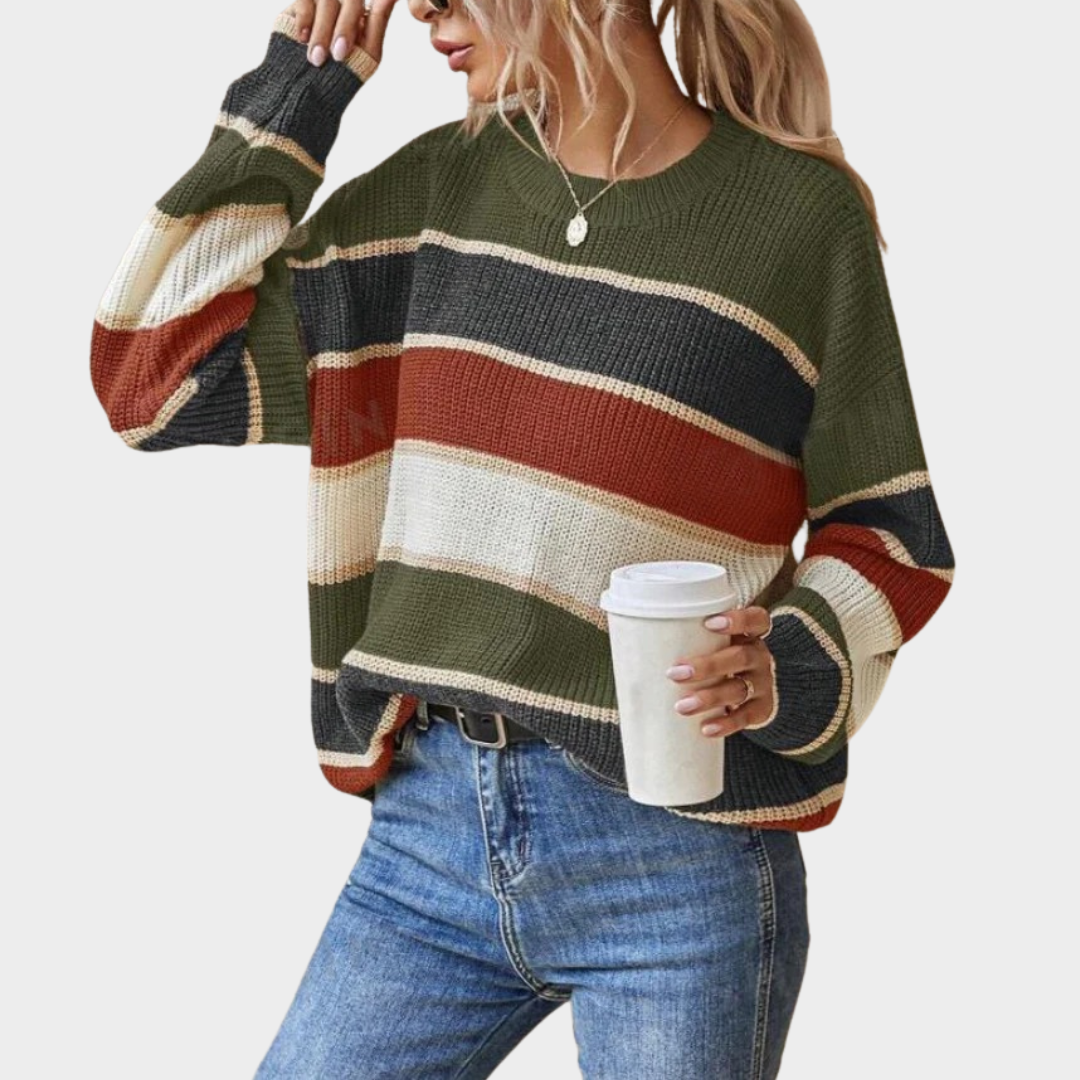 Women Striped Oversized Knitted Sweater – Vintage Harajuku Loose Fit Pullover Top with O Neck Casual Streetwear Style – Multiple Colours