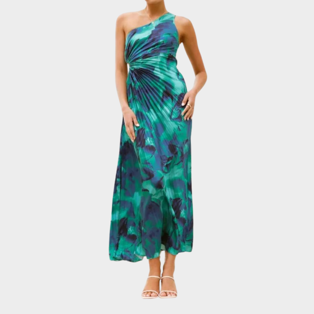 Women’s One-Shoulder Pleated Dress – Elegant Asymmetrical Printed Maxi Dress – Flowing Fit – Green