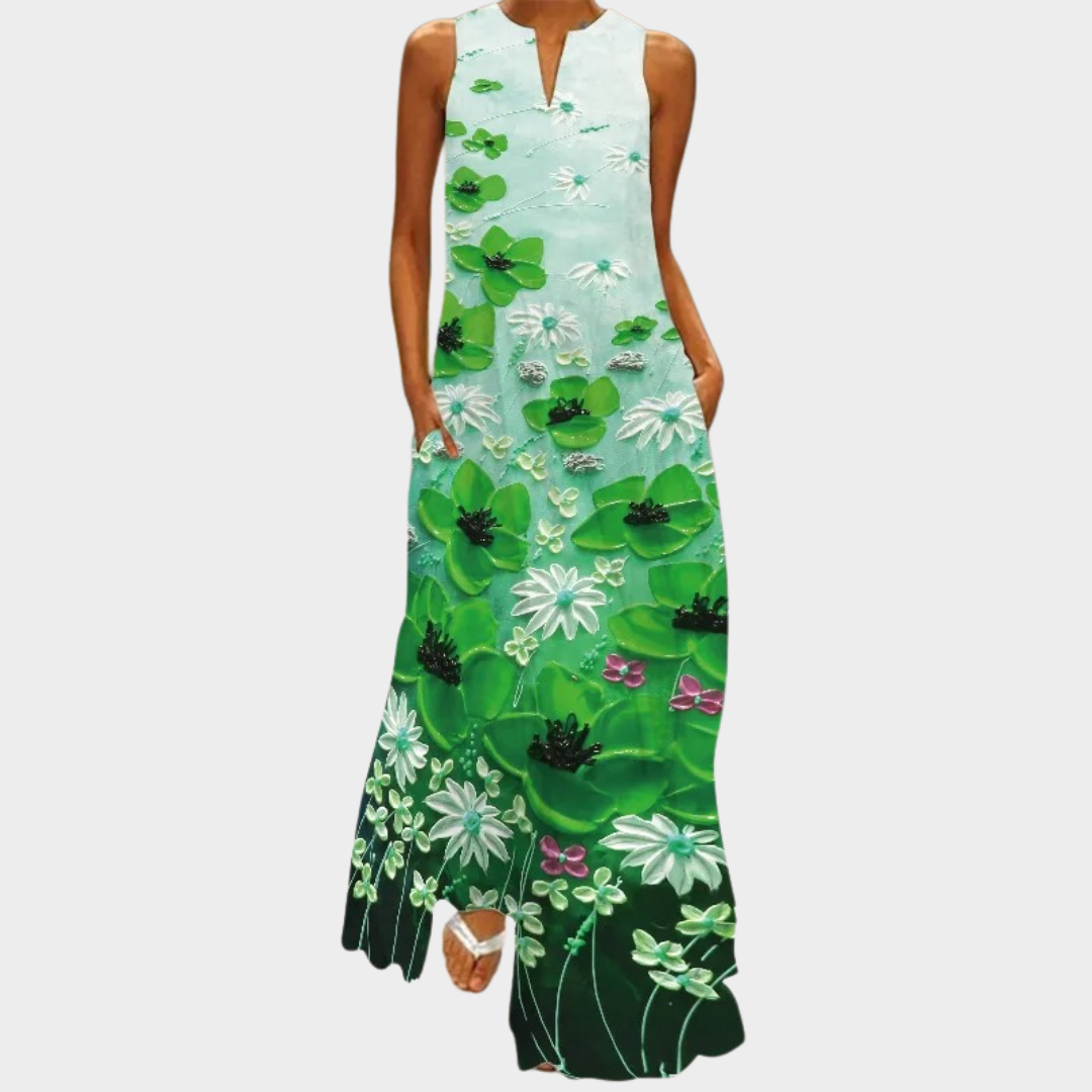 Women’s V-Neck Maxi Dress – Sleeveless – Elegant Vintage Print – Lightweight Material – Multiple Colours