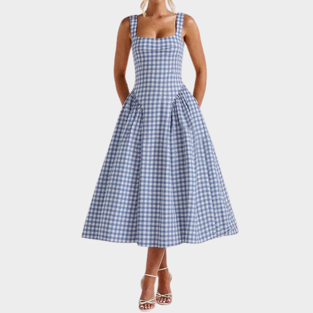 Women’s A-Line Maxi Dress – Square Neck Sleeveless Backless Princess Style – Elegant Plaid Design – Multiple Colours