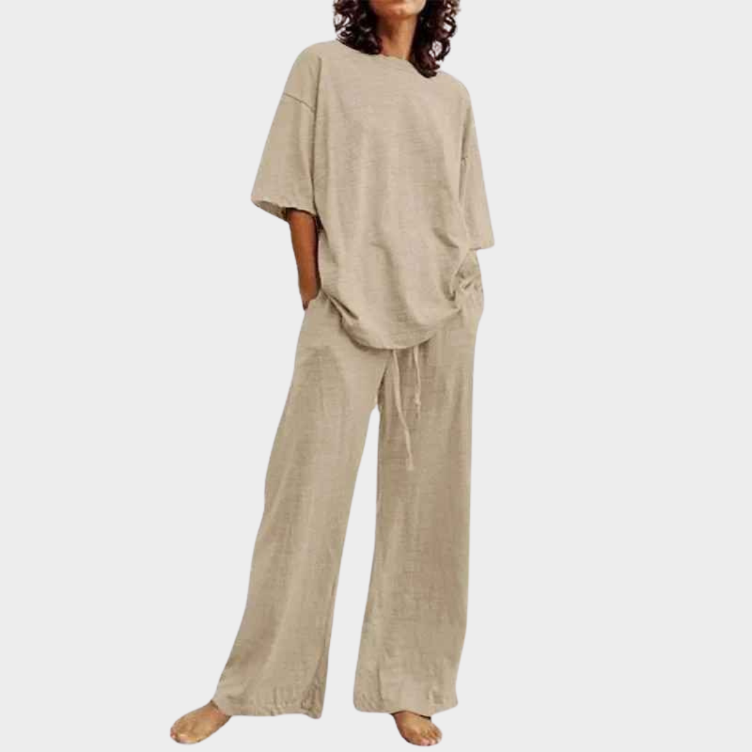 Women Two Piece Set – O-Neck Half Sleeve Belted Top with Pockets and Bell Bottom Trousers Cotton Blend – Multiple Colours