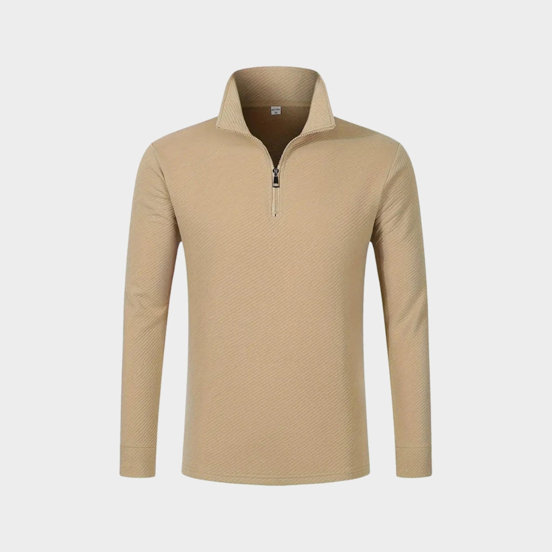 Men's Long Sleeve Polo Shirt - Twill Jacquard Zipper, Comfortable Breathable Casual Top, Dark Grey, Light Grey, Khaki