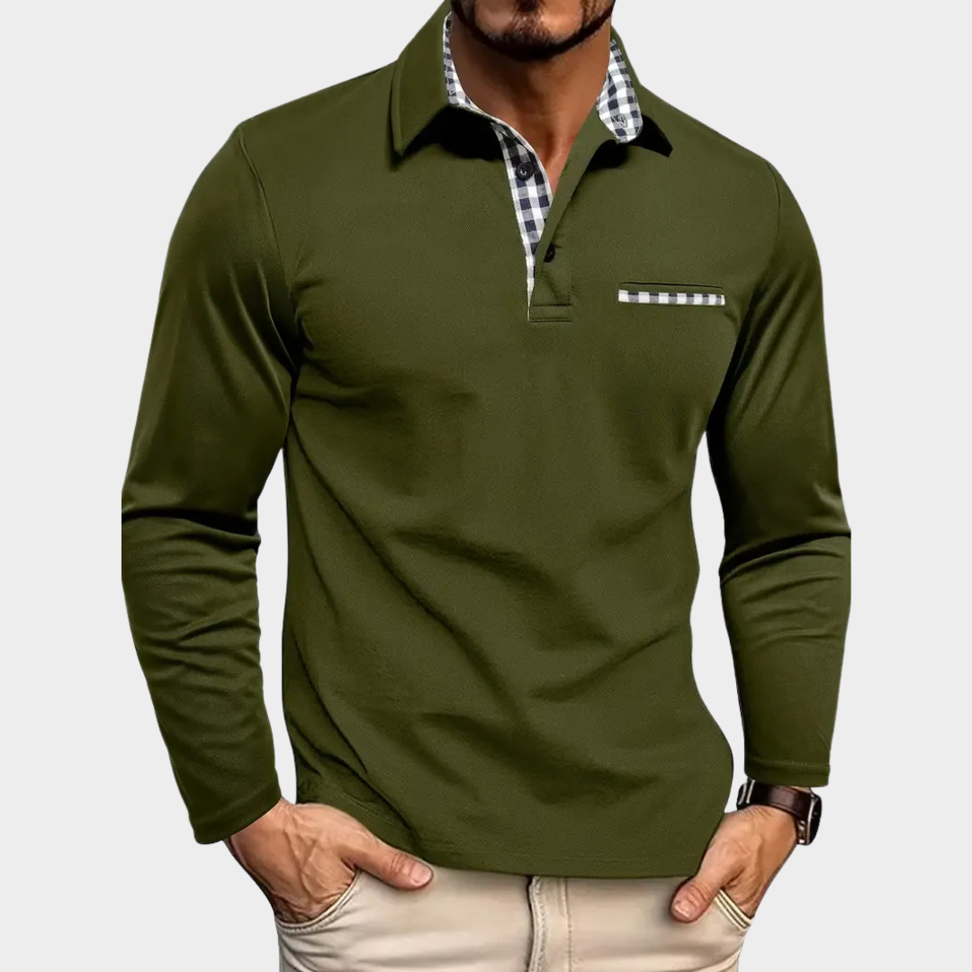 Men Premium Long Sleeve Polo Shirt – Tailored Regular Fit with Check Collar Detail – Cotton Polyester Blend – Multiple Colours