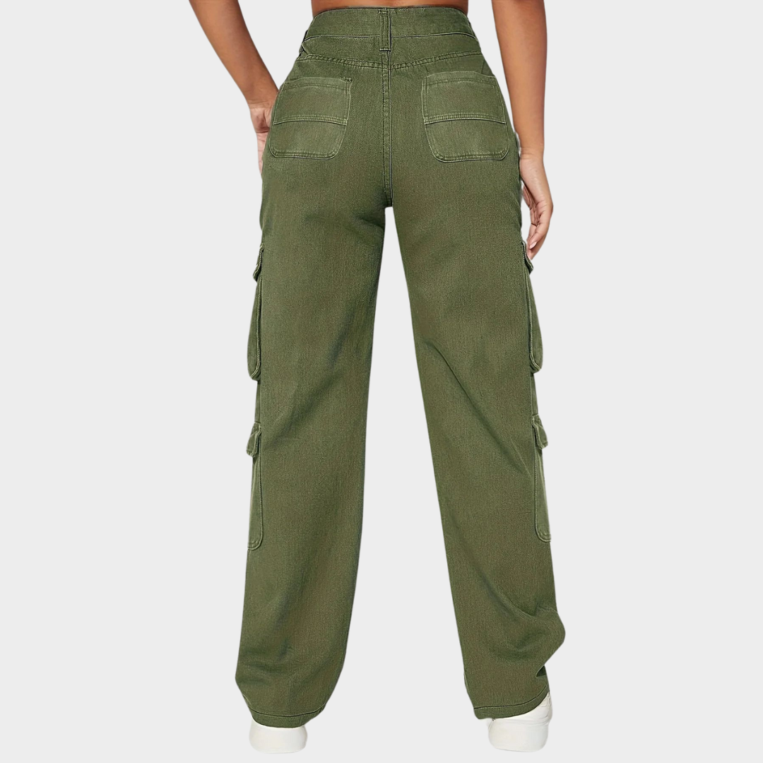 Women's Cargo Jeans – Loose Fit – Straight Leg – Non-Stretch Denim – Flap Pocket Design – Army Green