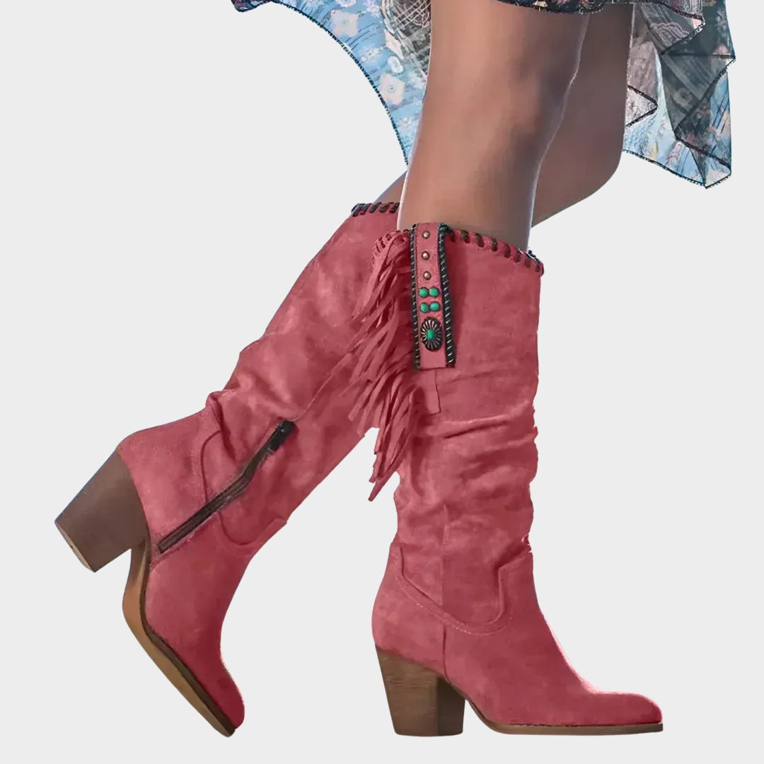 Women Western Cowboy Boots – Retro High Boots with Thick Heel and Metal Buckle – Pointed Toe Tassel Design – Multiple Colours