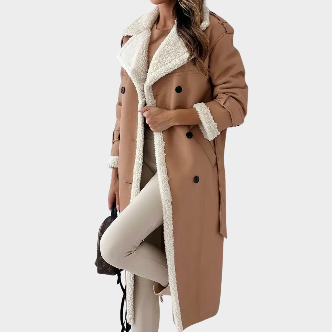 Women Double Lapel Plush Coat – Soft Composite Fur Longline Outerwear – Elegant Tailored Fit – Multiple Colours