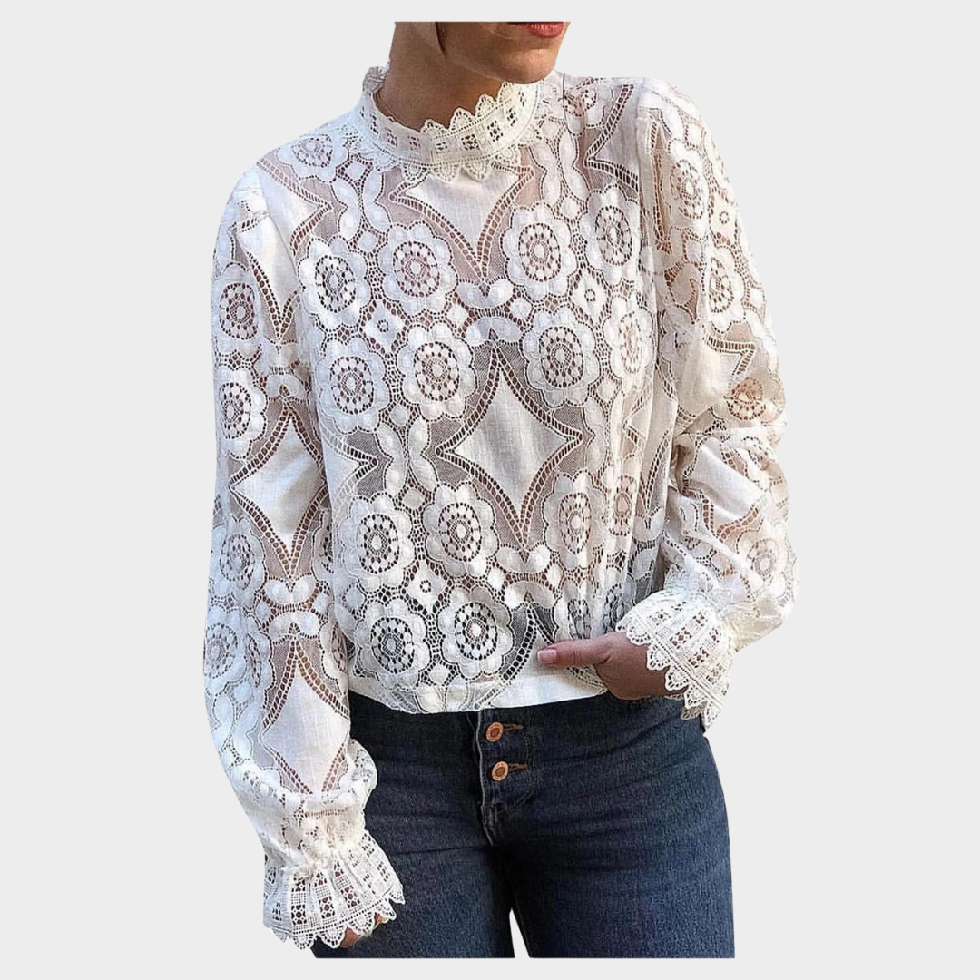 Women's Casual Lace Shirt – Stand-Up Collar – Long-Sleeved – See-Through – White