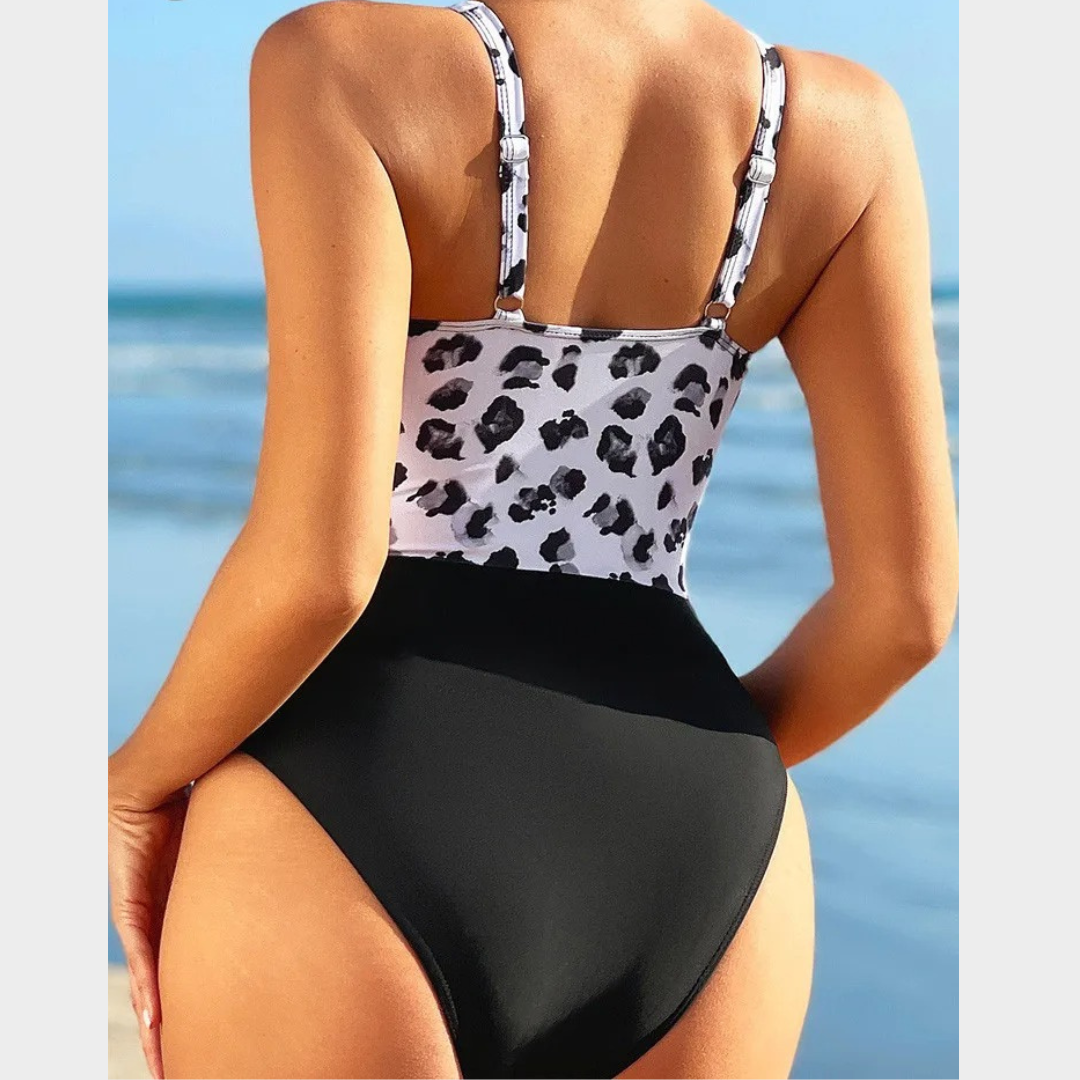 Women One Piece Swimsuit – Strapped Push-Up Monokini with Print Patchwork and Backless Fit – Black and White