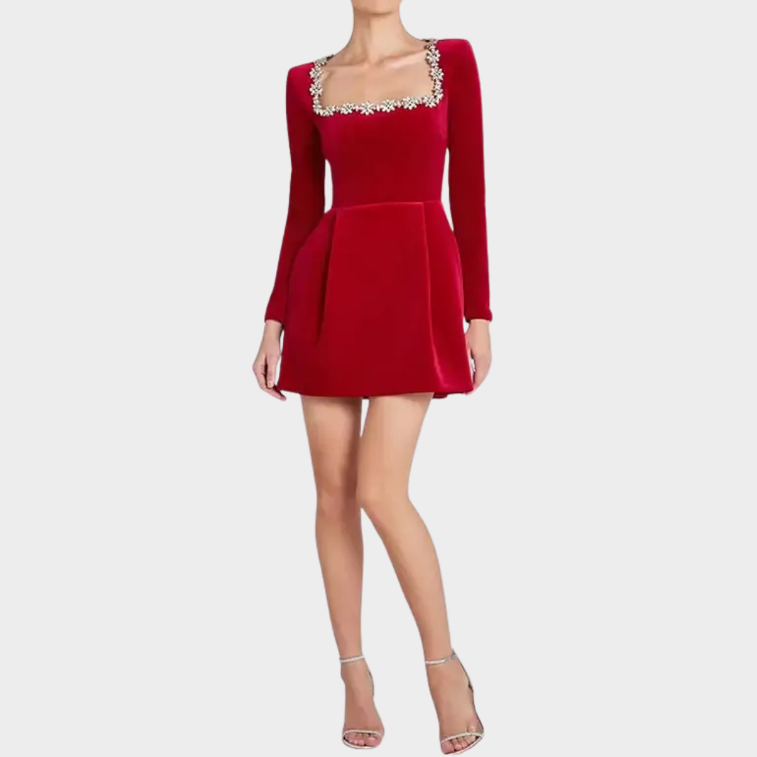 Women Velvet Crystal Dress – Elegant Evening Wear with Square Neckline and Crystal Embellishments – Slim Structured Fit – Multiple Colours