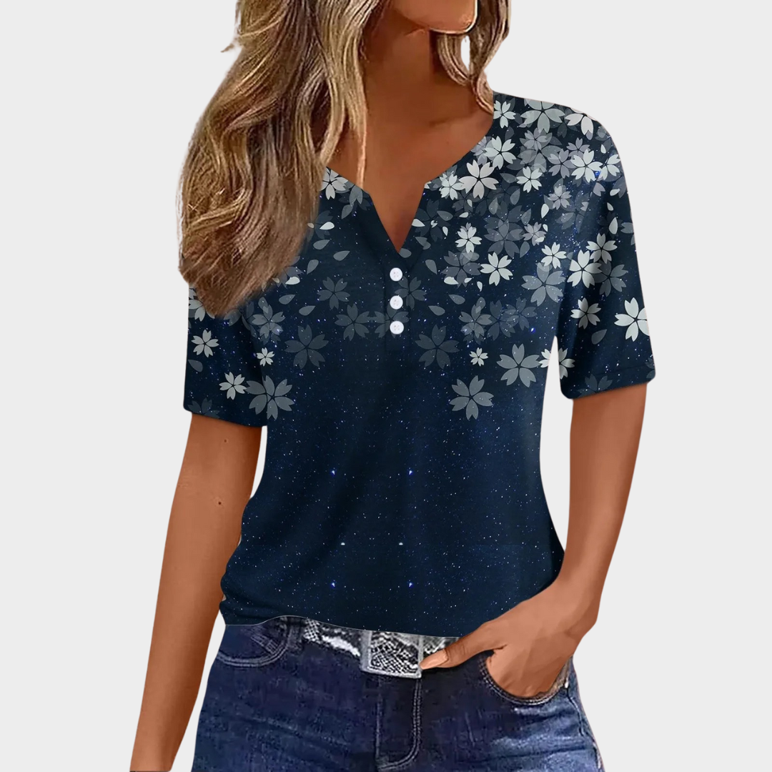 Women’s V-Neck Printed T-Shirt – Short Sleeve Harajuku Style – Button Detail – Soft Cotton Blend – Multiple Colours
