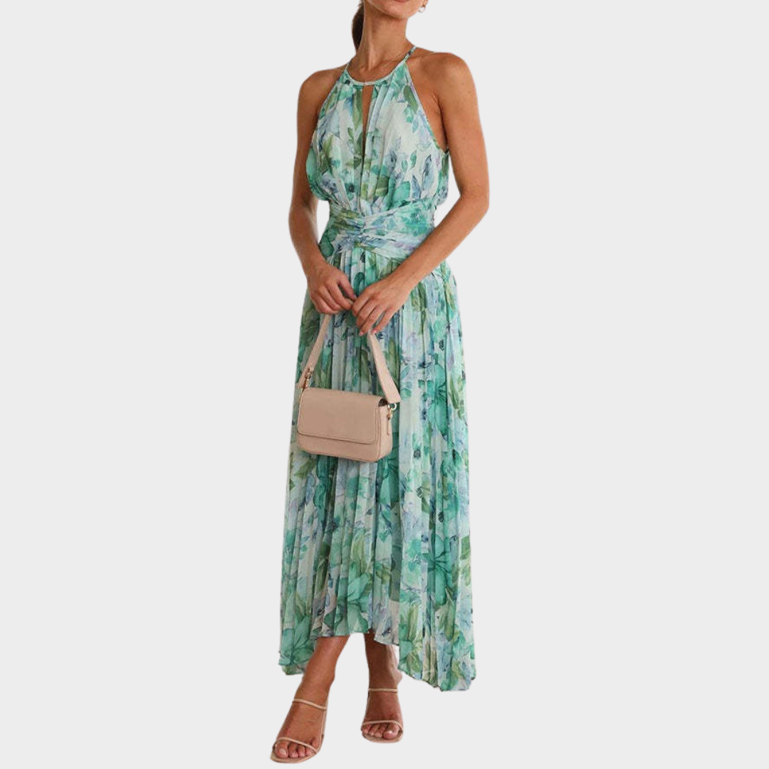 Women’s Halter Neck Backless Dress – Printed Sleeveless Fit with Irregular Hem – Lightweight Draped Fabric – Green