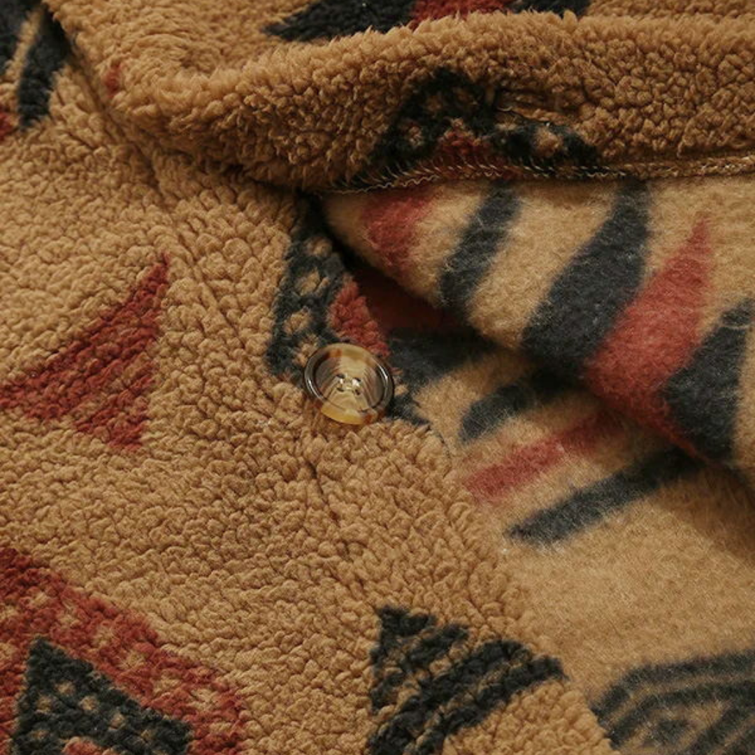 Men's Retro Fleece Jacket – Ethnic Style – Lapel Collar – Warm & Comfortable – Unique Design – Coffee