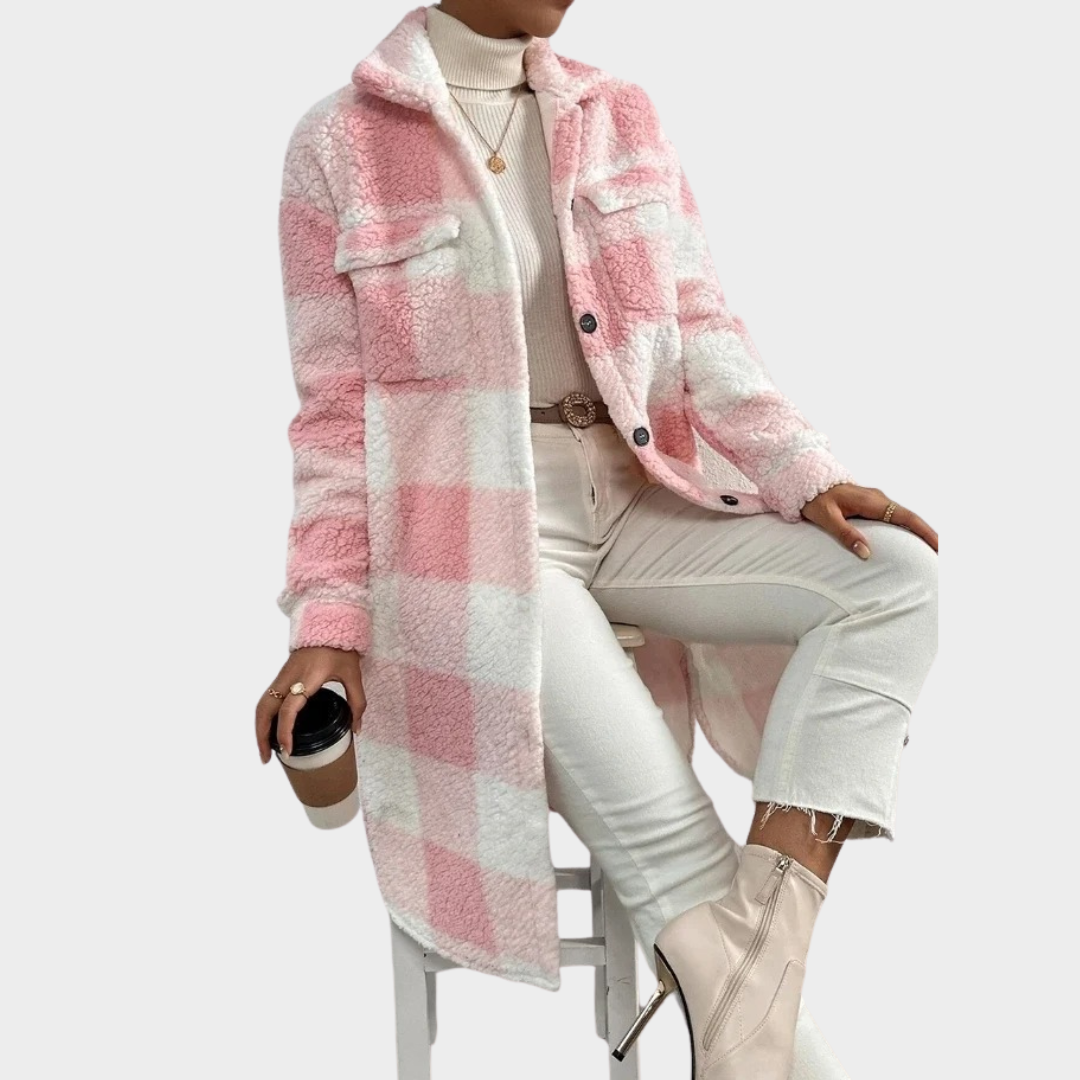 Women Plaid Longline Cardigan Coat – Turn Down Collar Loose Fit Plush Outerwear – Multiple Colours