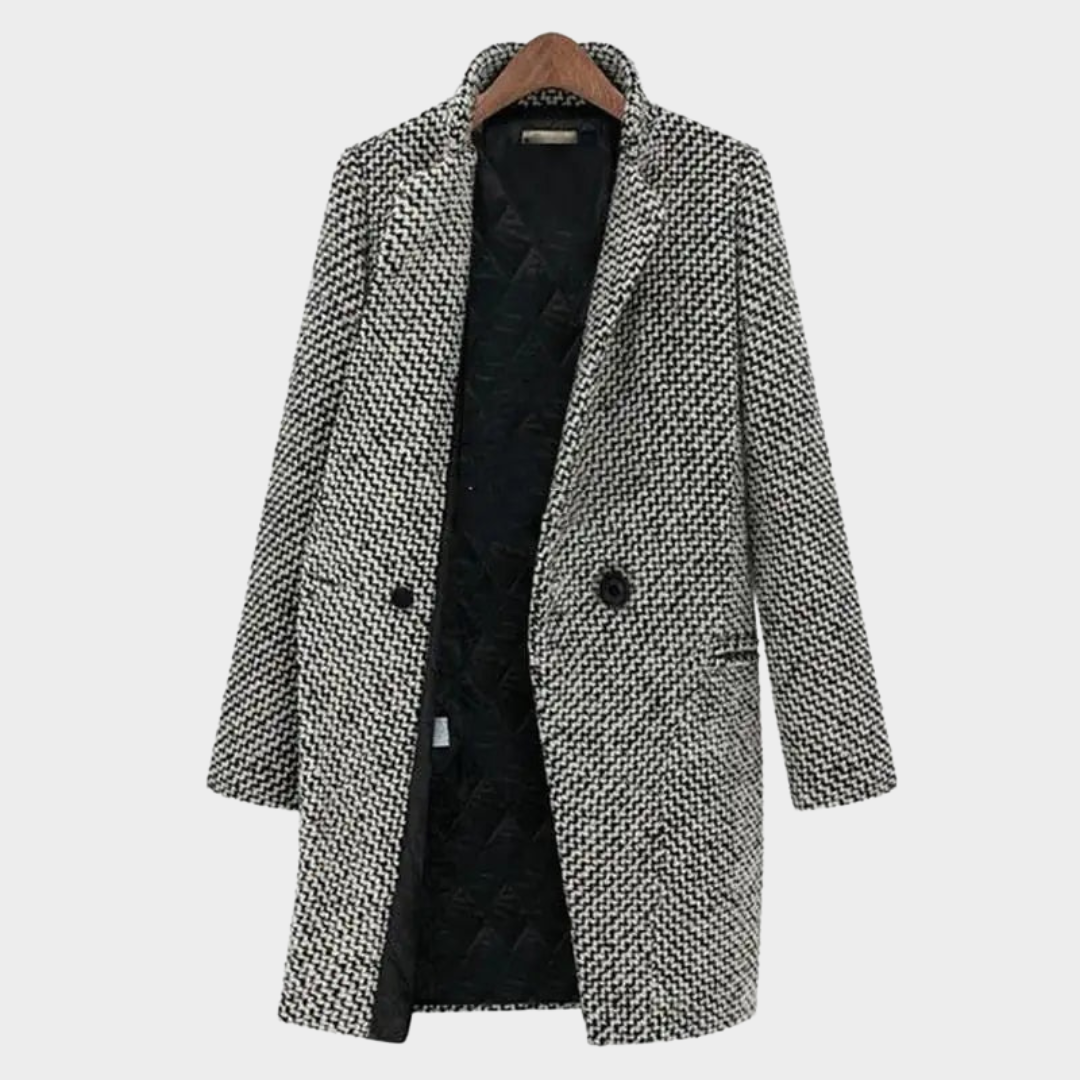 Women Plaid Wool Coat – Slim Fit Long Sleeve Single Button Overcoat – Elegant Tailored Outerwear – Grey