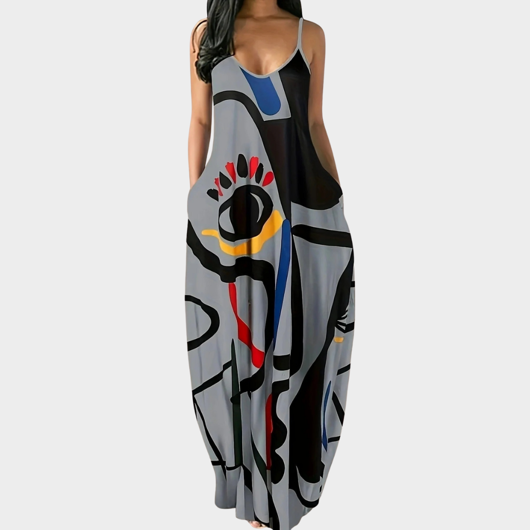Women's Sleeveless Maxi Dress – Graffiti Print Suspender Style with Pocket Detail – Multiple Colours