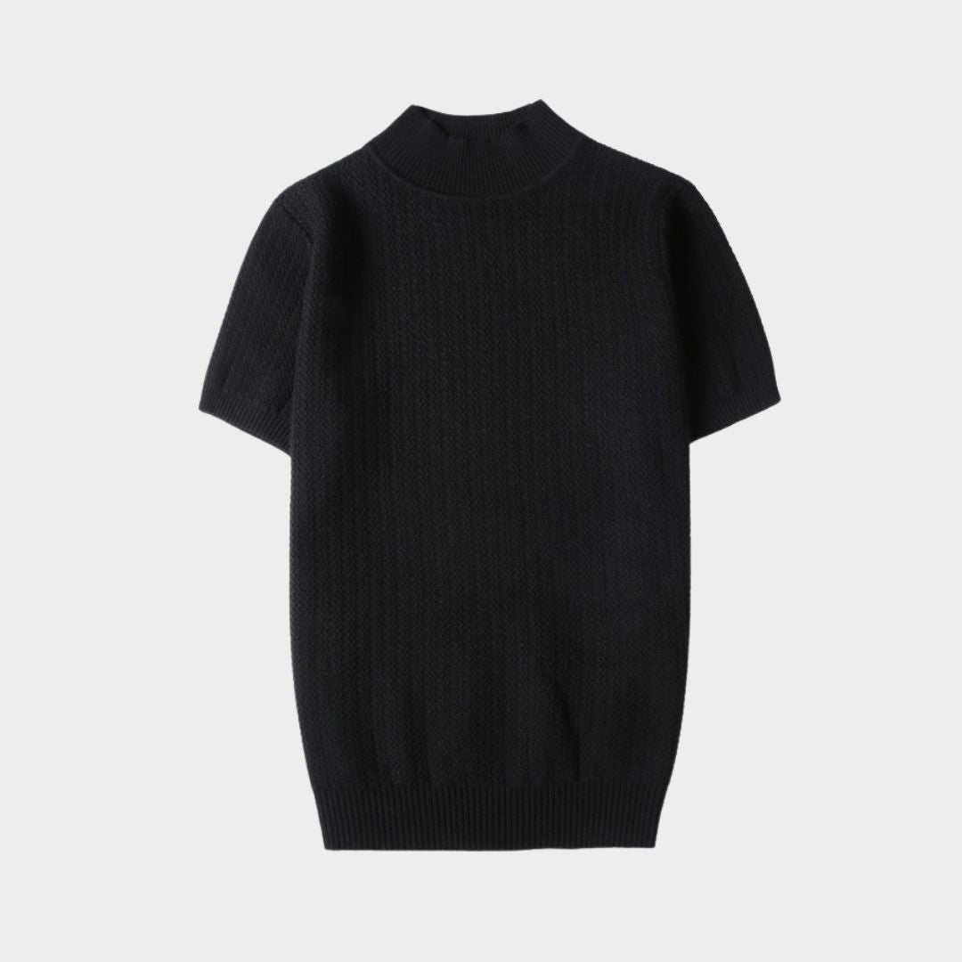 Men’s Short Sleeve Knitted Sweater – Slim Fit Half High Neck Pullover, Black, White, Blue