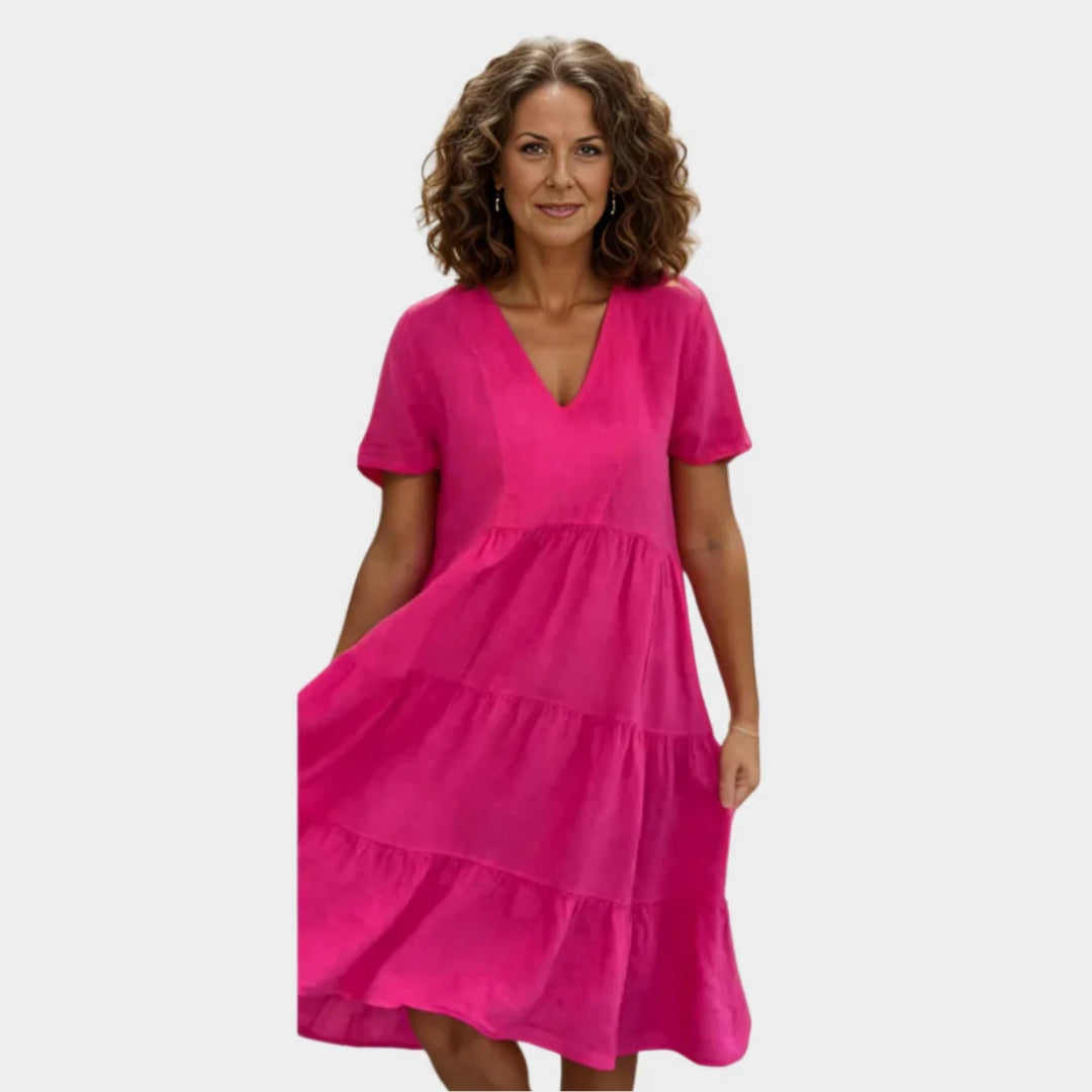 Women's Loose Mid-Length V-Neck Swing Dress – Casual Summer Style, Pink-Red, Brown, Blue
