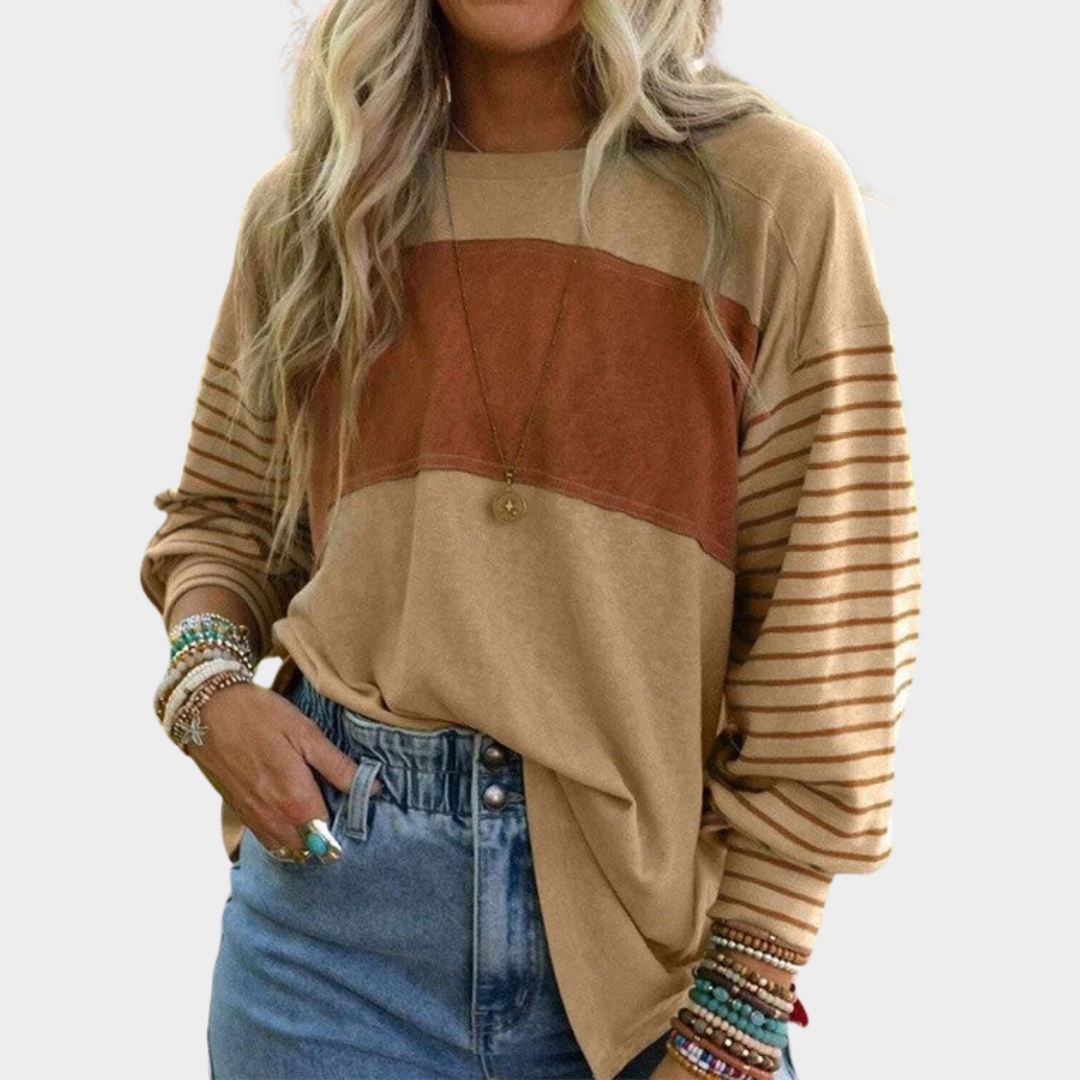 Women’s Oversized Fit Blouse – Long Sleeve Crew Neck Top with Colour Block Panels – Casual Everyday Style – Multiple Colours