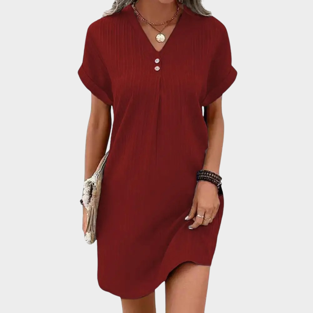 Women’s Dress – Loose Fit – V-Neck – Button Front – Short Sleeve – Multiple Colours